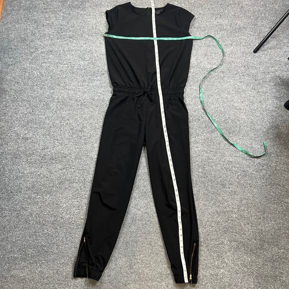 Albion Jumpsuit Women Small Black Ankle Zip Cap Sleeve Smocked Tie Waist BackZip - Picture 6 of 13